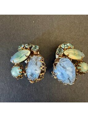 Vtg Juliana Blue Multi-Stone Silver Cluster Clip-On Earrings Art Glass Moonstone